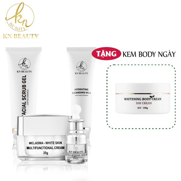 Bộ 4 bước Trắng Da Ngừa Nám KN Beauty chuyên sâu: Kem dưỡng + Serum + Sữa rửa mặt + Tẩy tế bào chết