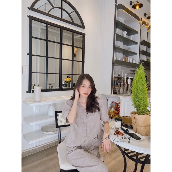 Set áo cổ chữ V + quần tây phong cách Hàn Quốc