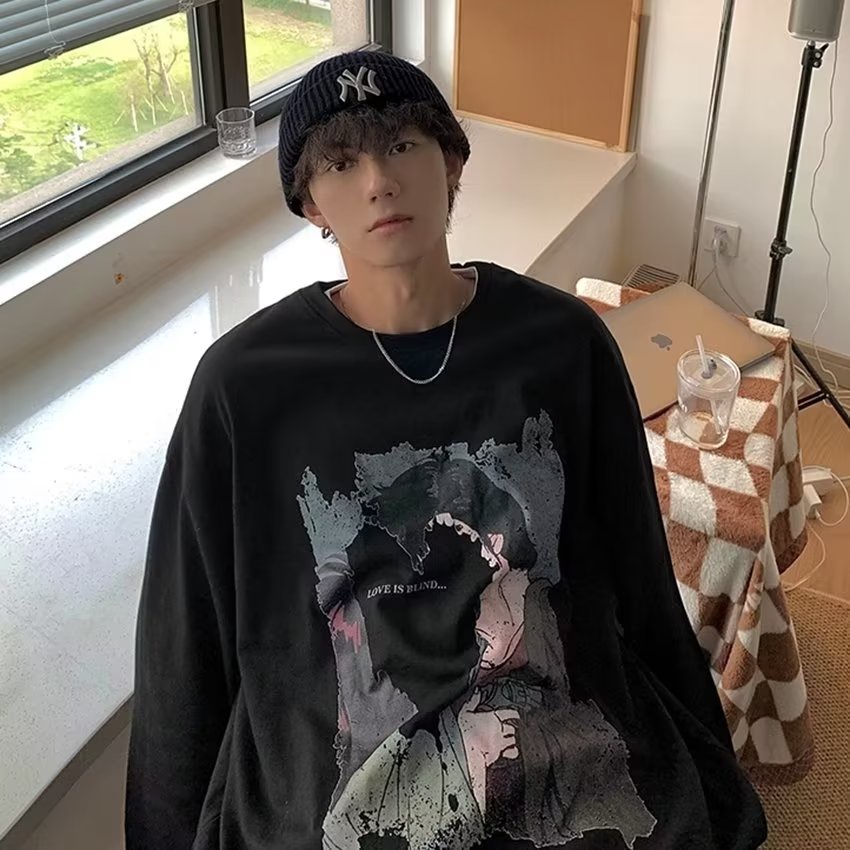 Áo Thun Tay Dài Dáng Rộng In Họa Tiết Hoạt Hình Phong Cách Hip Hop Hàn Quốc Thời Trang Cho Nam size M-5XL