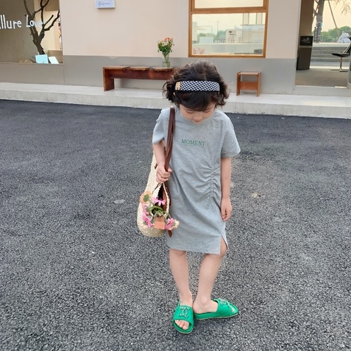Đầm Thun Dài Xẻ Tà Tay Ngắn Cổ Tròn In Chữ Phong Cách Hàn Quốc Cho Nữ