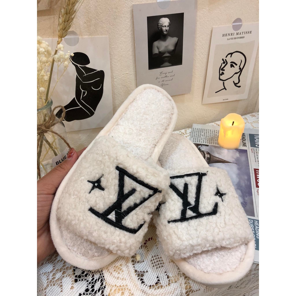 Dép lê bông LV dép quai ngang lông cừu LV ấm áp size kép loại xịn mới 2021