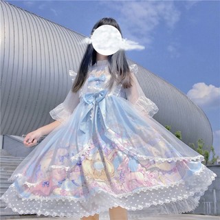 [Có Ảnh Thật - Order] Set váy đầm sơ mi Công chúa Lolita họa tiết cổ tích dáng xòe đính nơ màu pastel loại đẹp.