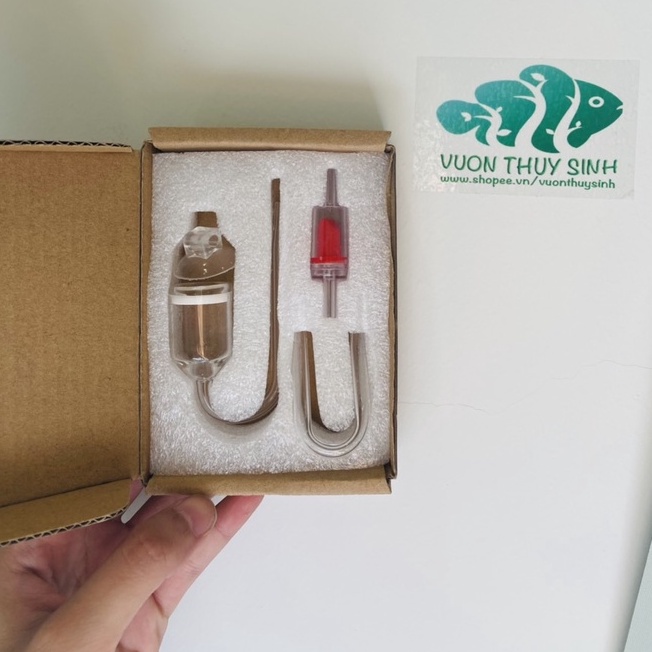 Cốc sủi CO2 thuỷ tinh + ống chữ U chống gập + van một chiều