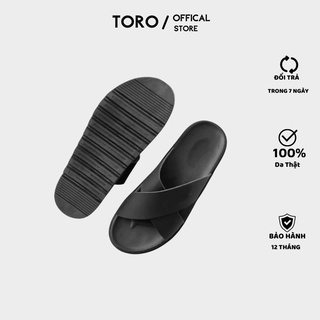 Dép da nam , dép nam quai chéo da bò cao cấp Toro - đế cao su non, màu đen, bảo hành 6 tháng A01