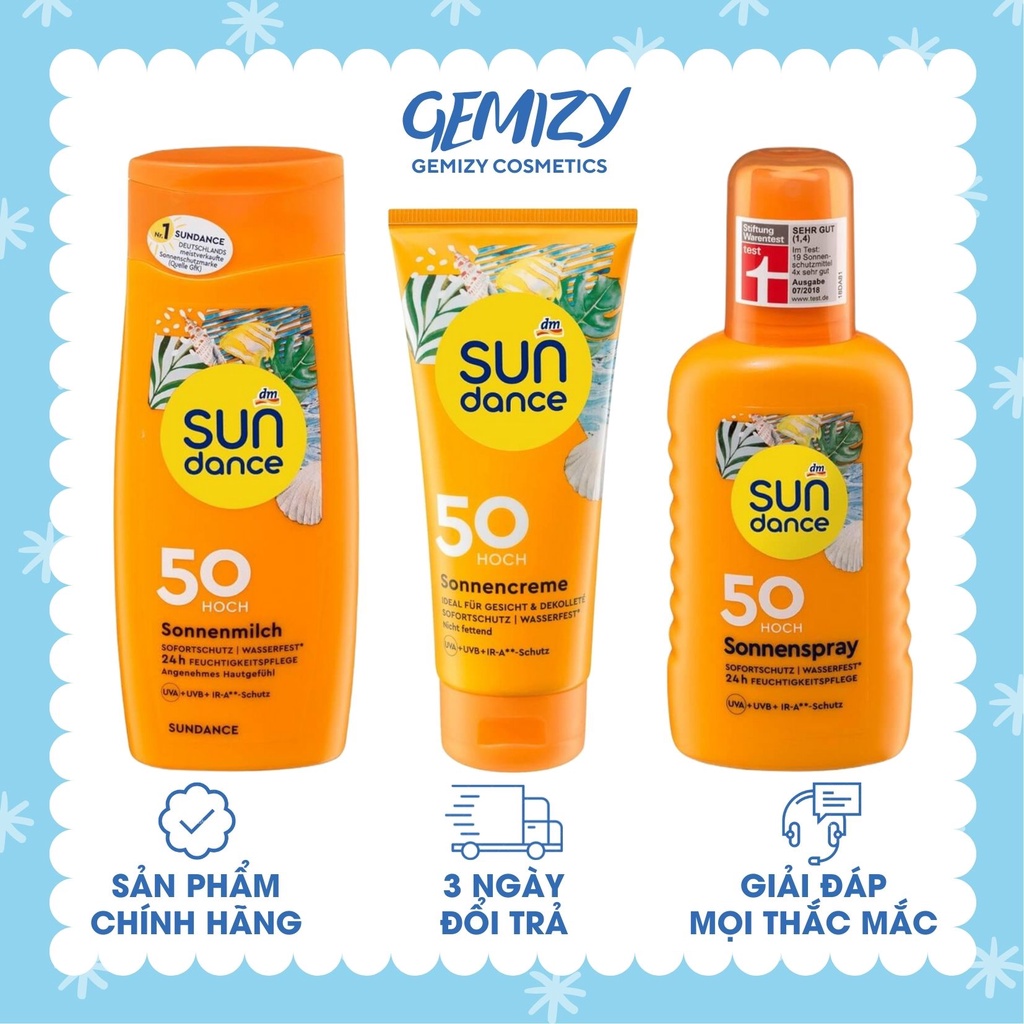 Kem &amp; xịt chống nắng mặt, body Sundance 50SPF không thấm nước, cho cả trẻ em - Gemizy Shop