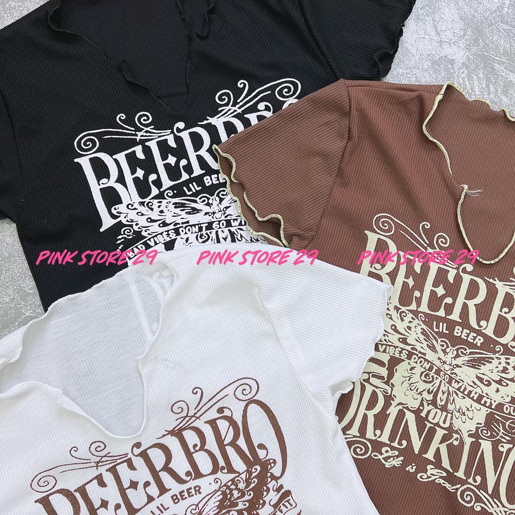 Áo Croptop Cổ V Ngắn Tay PINKSTORE29, Dáng Rộng Cuốn Biên In Họa Tiết A5464