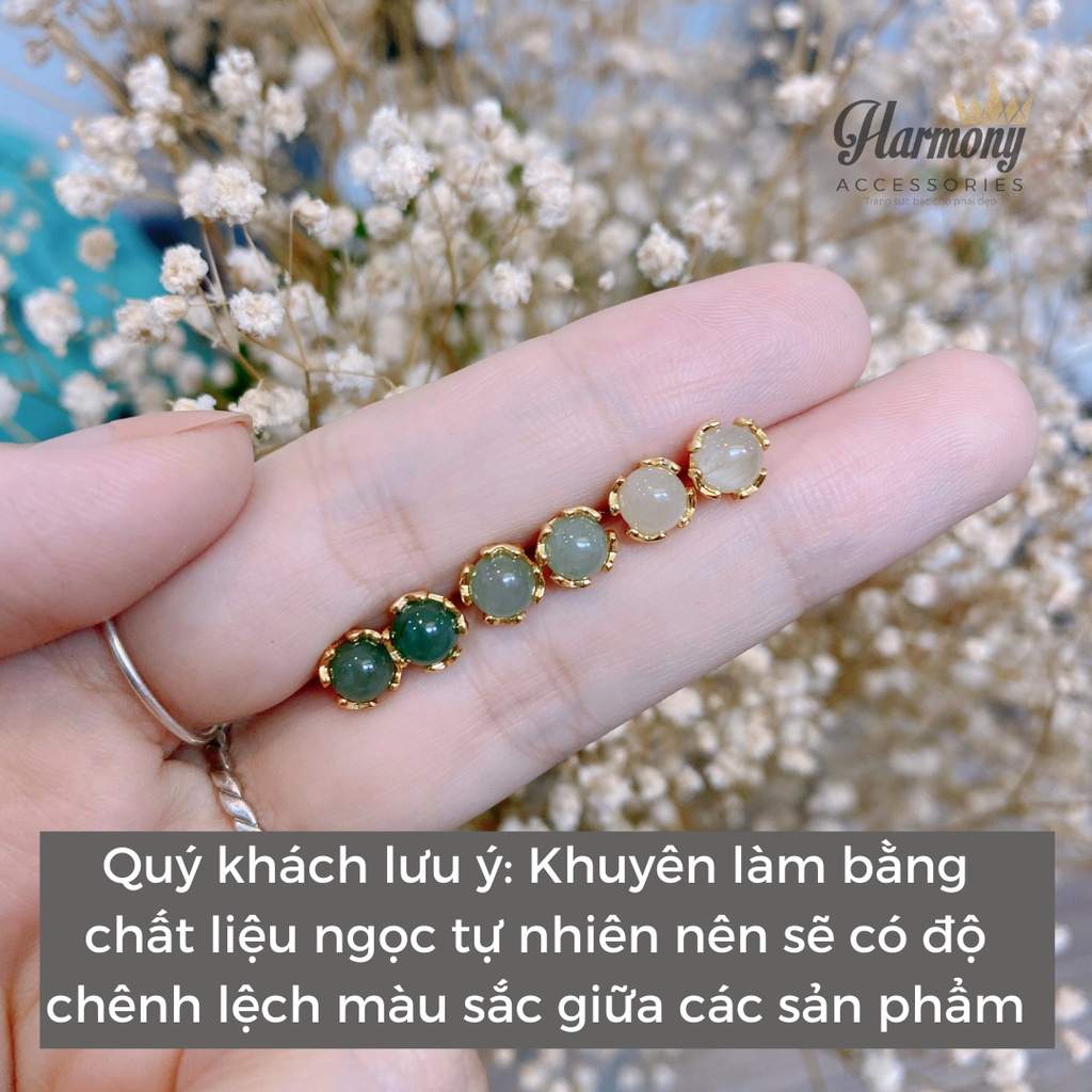 Bông tai, Khuyên tai nữ bạc mạ vàng mặt ngọc bích nhân tạo nhỏ đơn giản, xinh xắn, cực sang K191| TRANG SỨC BẠC HARMONY