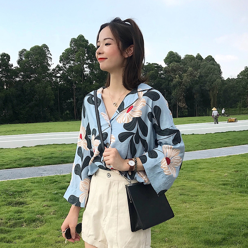 Áo Khoác Cardigan Dáng Rộng Tay Lửng In Hoa Kiểu Hàn Quốc Dễ Thương Cho Nữ