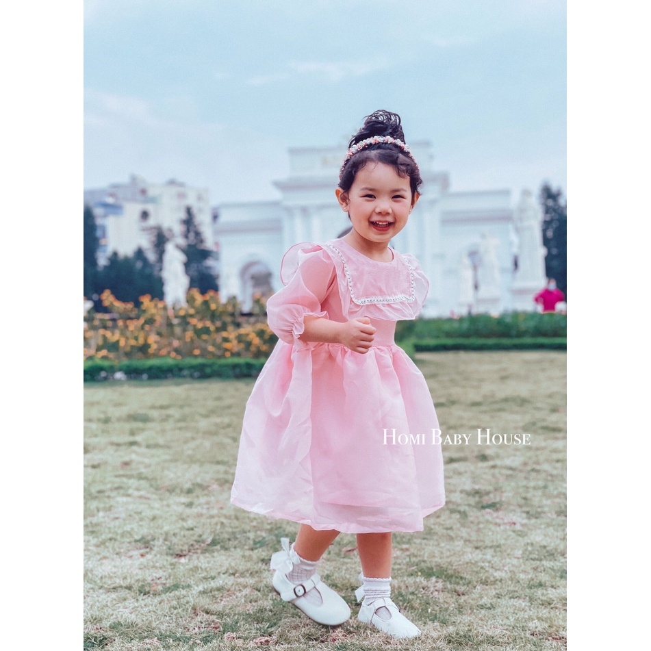 Đầm công chúa HOMI BABY HOUSE váy bé gái công chúa bèo cổ vuông trắng/hồng