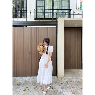 Váy maxi dáng dài tay bồng dúm eo