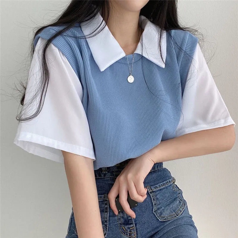 【A & X】Áo Thun Tay Ngắn Dáng Rộng Giả Hai Lớp Màu Sắc Đơn Giản Dễ Phối Đồ Thời Trang Cho Nữ