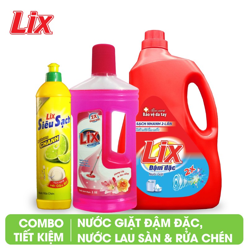 Combo Nước giặt Lix đậm đặc hương hoa 2Kg + Nước lau sàn hương lily & hoa hồng 1L + NRC siêu sạch hương chanh 800g