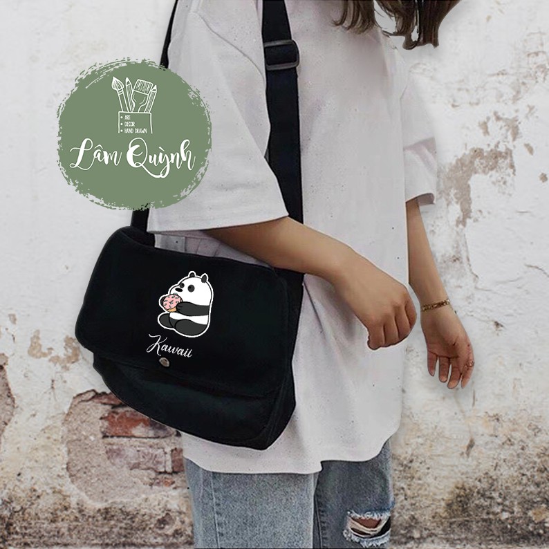 Túi Chéo, Túi đeo chéo chất vải Canvas dáng Unisex 2 màu Hình Gấu Trúc Dễ Thương Cho Học Sinh Sinh Viên