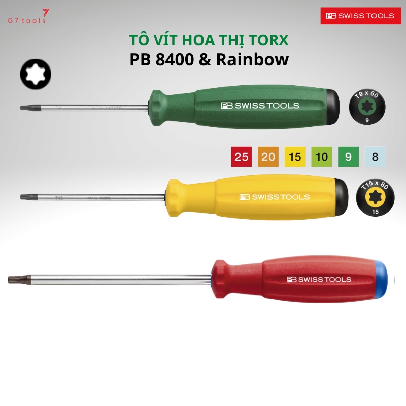 Tô Vít Hoa Thị Torx PB Swiss Tools 8400 Tay Cầm Êm & Rainbow Từ T3 - T40
