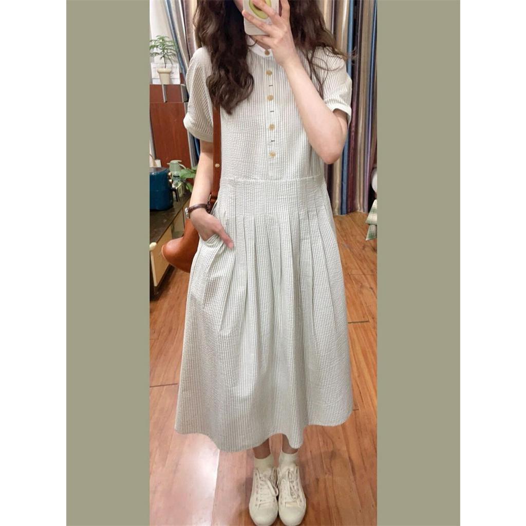 Đầm Midi Tay Ngắn Phồng Họa Tiết Kẻ Sọc Phong Cách Pháp Thời Trang Mùa Hè 66062