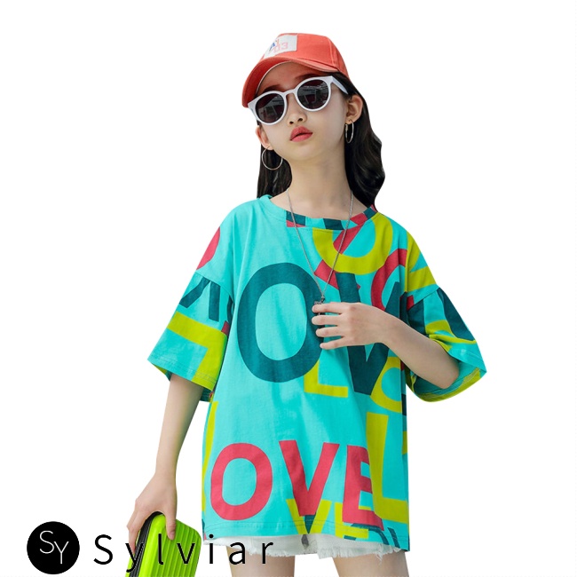 Áo thun tay ngắn cổ tròn dáng rộng in chữ thời trang cho bé gái 4-10 tuổi