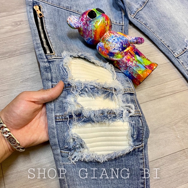 Quần jean vá da nhăn mikenco,quần bò mikenco vá da nhăn màu trắng dáng slimfit