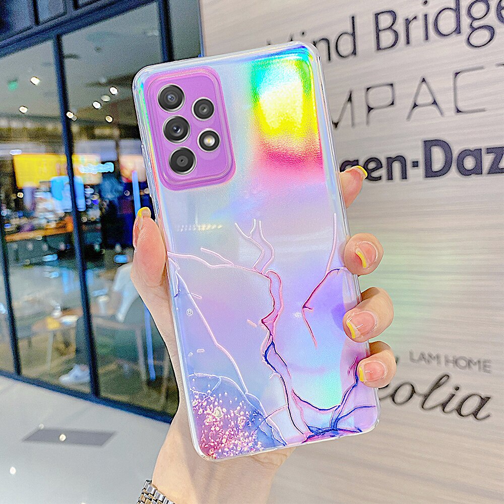 Ốp điện thoại mềm trong suốt in đá hoa cương màu laser cho Samsung Galaxy A52 A72 A32 5G A22 A12 A82 S21 Plus