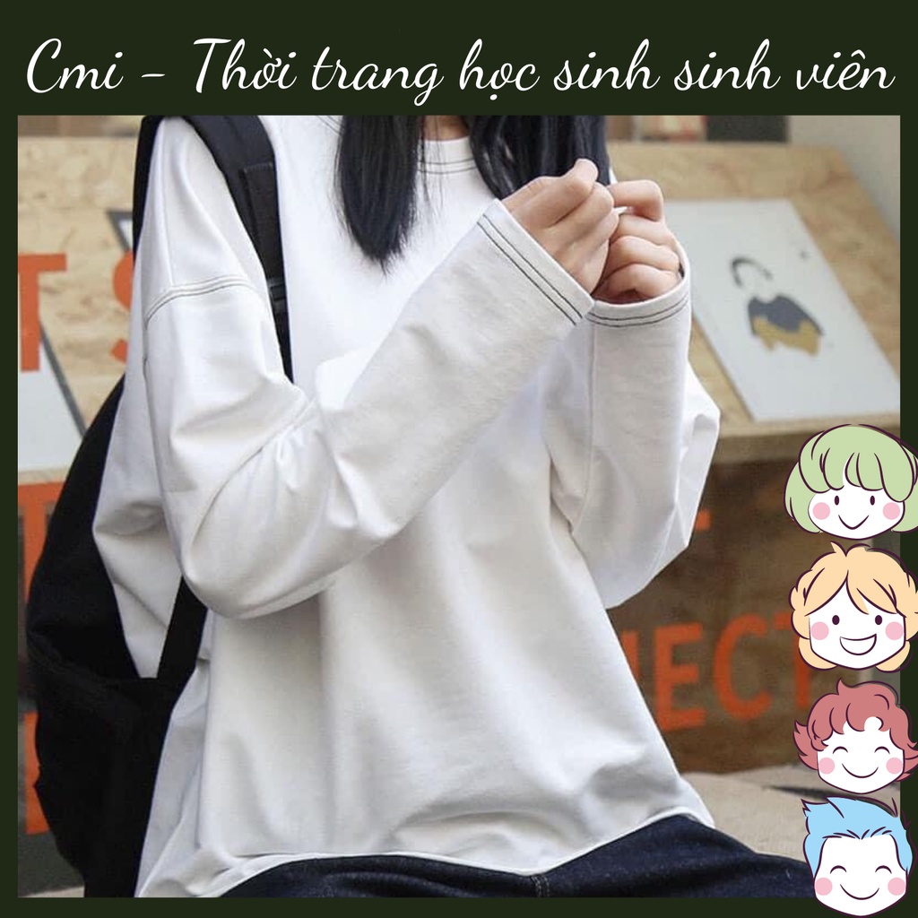 Áo dài tay thun viền chỉ phom rộng unisex trẻ trung - Áo thu đông nam nữ trắng đen cổ tròn tay bồng ulzzang