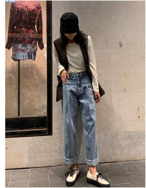 Áo croptop tay ngắn bồng - Quần jeans ống thụng Rose BLACKPINK cạp cao kiểu trẻ bó eo tôn dáng