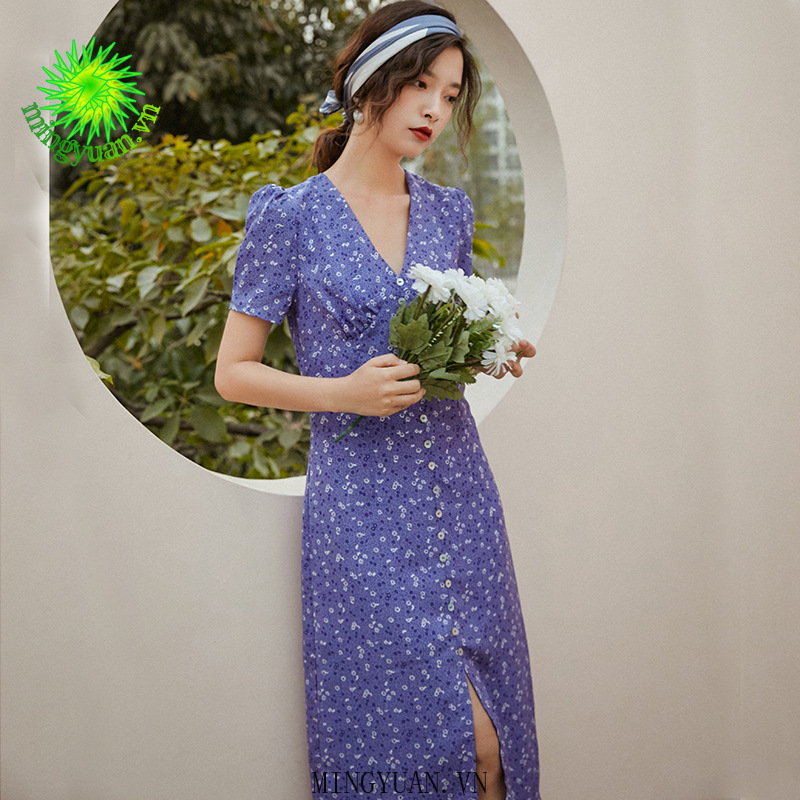 ( Mingyuan ) New retro green flower v-neck puff sleeve chiffon long dress