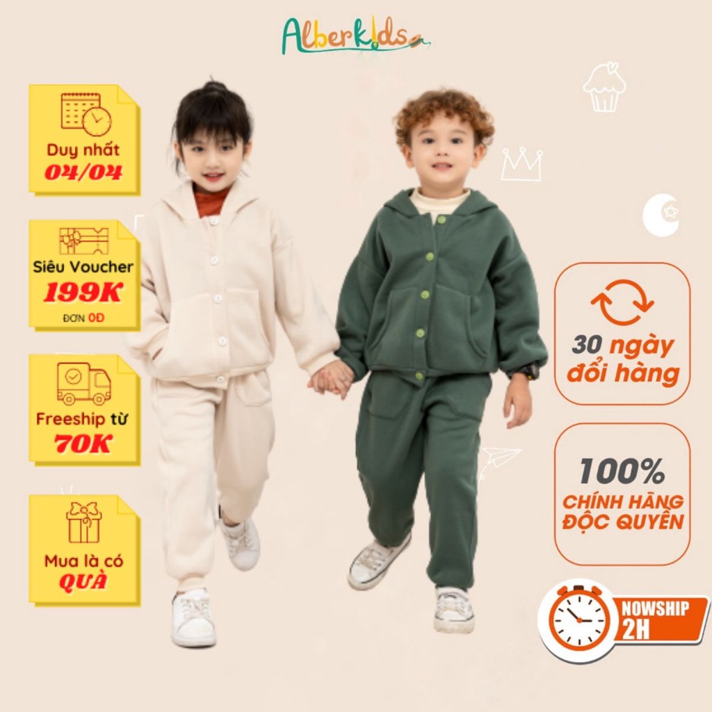 Bộ nỉ thu đông dài tay có mũ ALBERKIDS áo hoodie cho bé trai bé gái 2,3,4,5,6,7,8,9,10,11,12 tuổi [SA10]