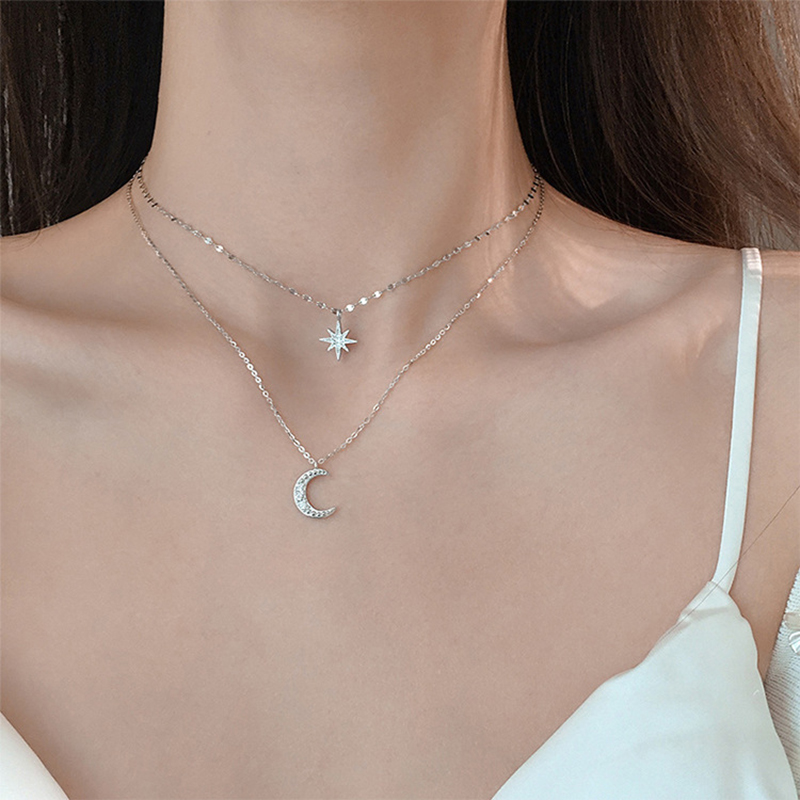 MANYUE Vòng cổ Hai Lớp Hình Trăng Sao Đính Đá Zircon Phong Cách Hàn Quốc Thời Trang Cho Nữ