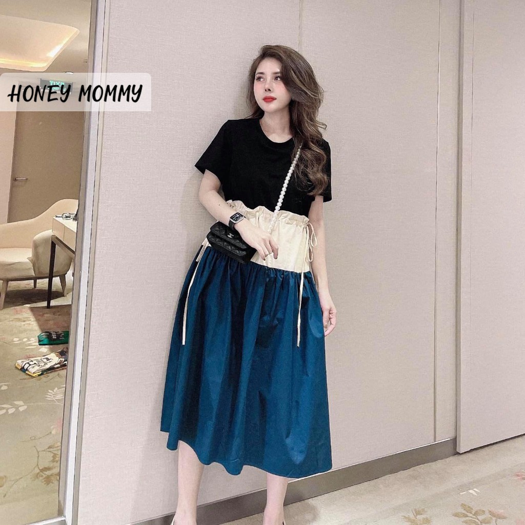 Váy Bầu Cotton 3 Tầng Dây Rút Eo HD2629 Honey Mommy Đầm Bầu Hè Cộc Tay Chất Mát