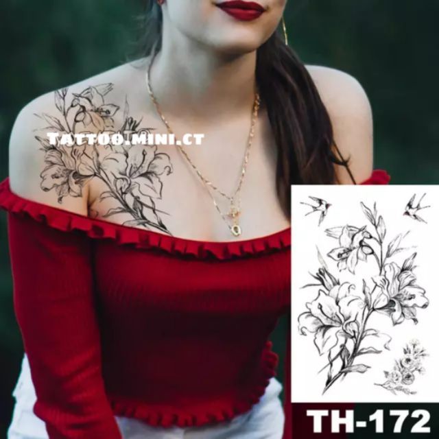 Hình xăm giả tatoo hoa nghệ thuật trắng đen Th172, 15x21cm