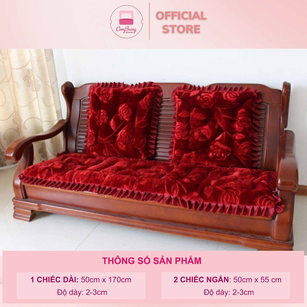 ( Quà tặng miếng dán 3M ) Bộ Đệm Ghế Gỗ, Trường Kỷ Sofa Hoa Hồng Chất Liệu Vải Nhung Ấm Áp ( Trọn Bộ 1 dài 2 ngắn)
