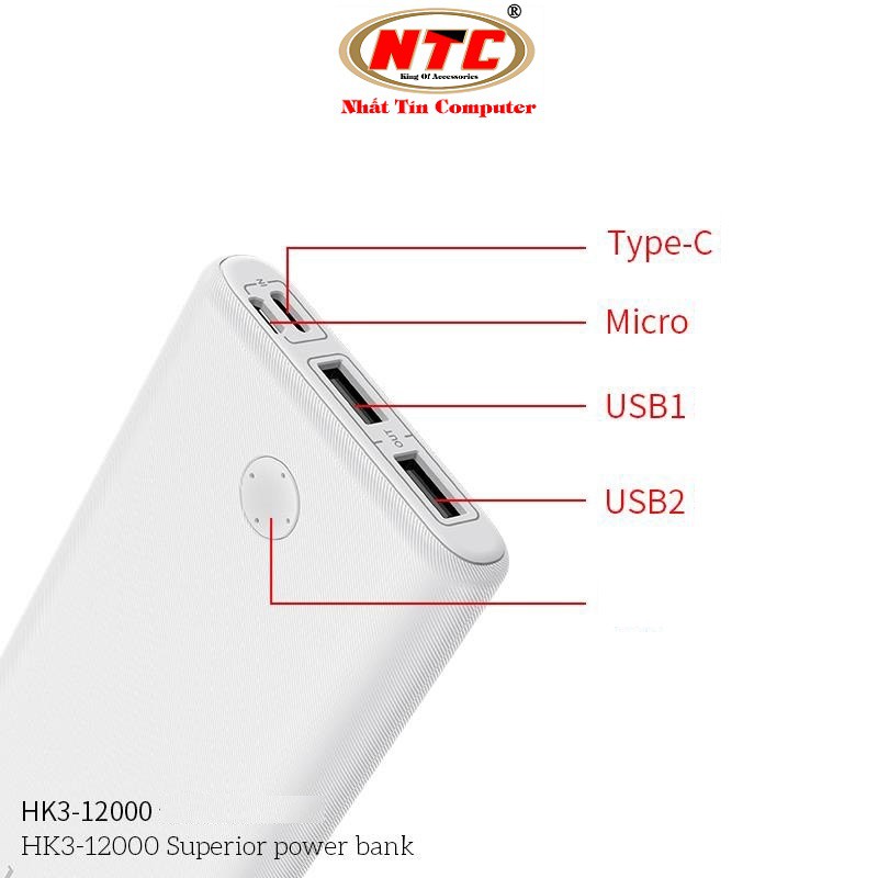 Pin sạc dự phòng Hoco HK3 Superior 12000mAh lõi Li-Polymer 2 cổng sạc Input/Output - Hãng phân phối chính thức