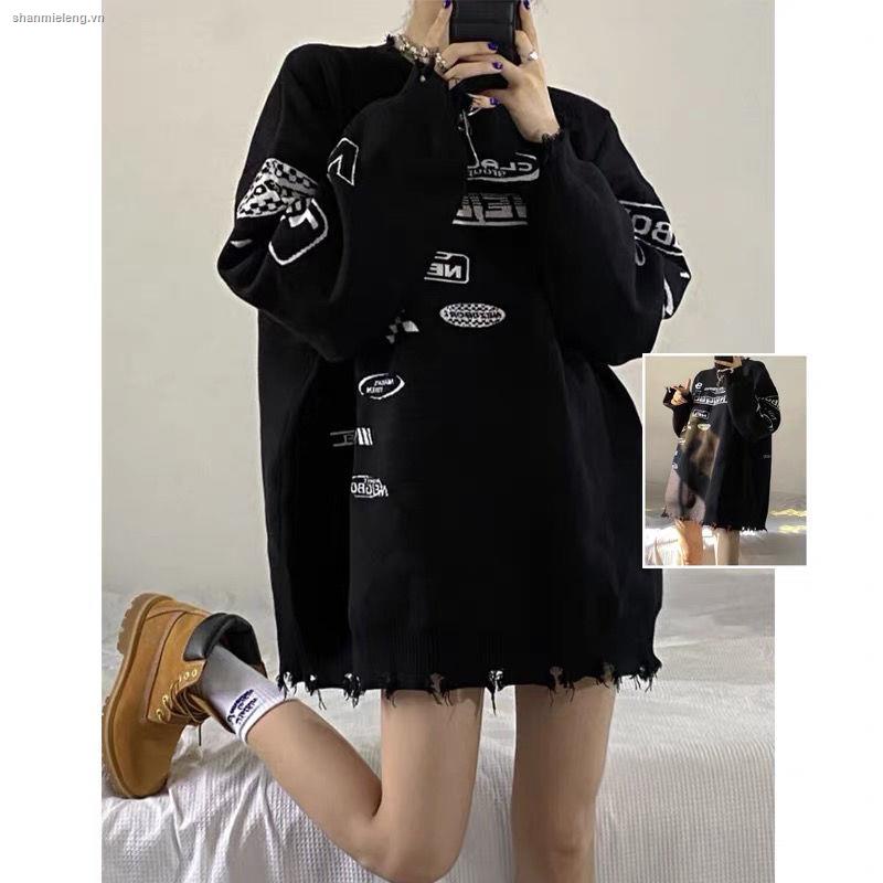 Áo sweater dệt kim dáng rộng in chữ phong cách retro thời trang cho nam và nữ