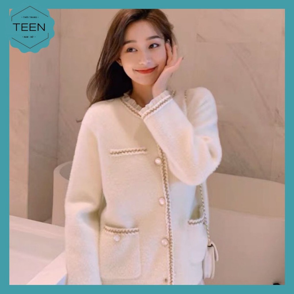 😍 Freeship😍 Áo Khoác Len Lông Cổ Viền Bèo Đính Khuy Ngọc- Áo Khoác Len Kèm Túi 2 Màu ĐEN - TRẮNG
