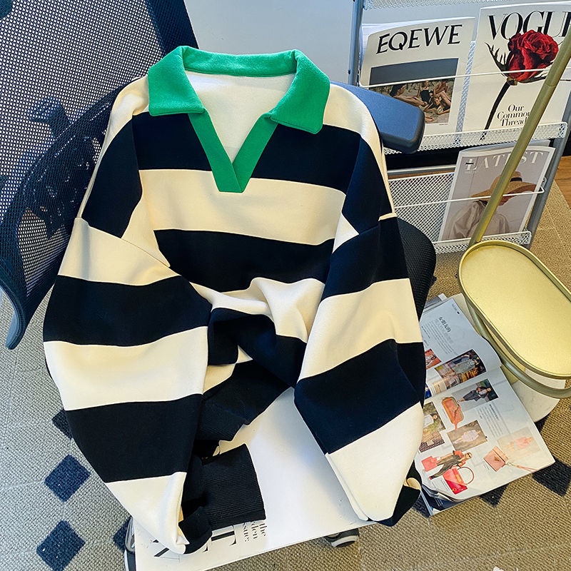 Áo Sweater Cổ Polo Hoạ Tiết Kẻ Sọc Phong Cách Retro