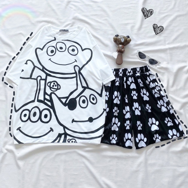 Set đồ bộ cartoon xinh xắn, quần short lửng cho nam nữ