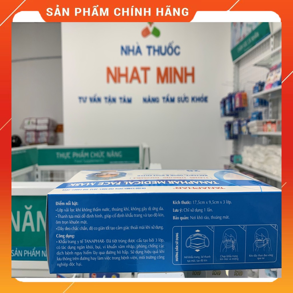 [Chính Hãng] Hộp Khẩu Trang Y Tế TANAPHAR 3 Lớp Đã Tiệt Trùng, 20 Chiếc, Màu Trắng