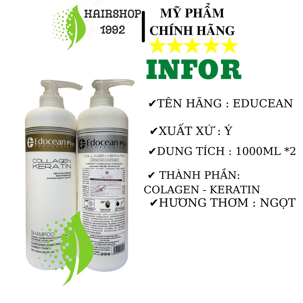 Cặp dầu gội xả Edocean Plus Collagen 1000ml. Phục hồi tóc khô xơ hư tổn nặng, giảm rụng và nhanh mọc tóc