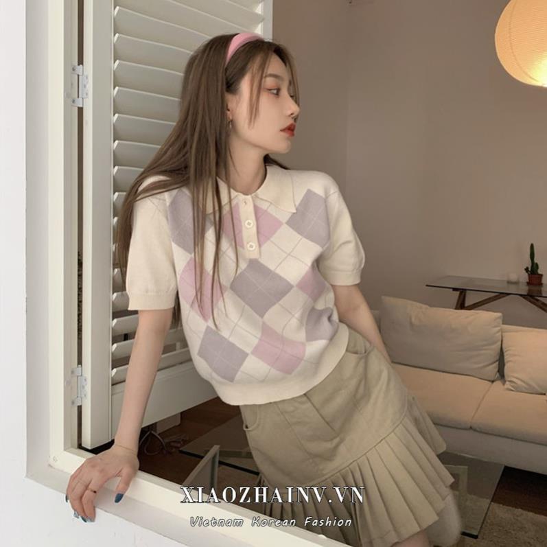 Xiaozhainv Áo Thun Polo Ngắn Tay Họa Tiết Sọc Caro Phong Cách Retro Hàn Quốc Có 2 Màu !