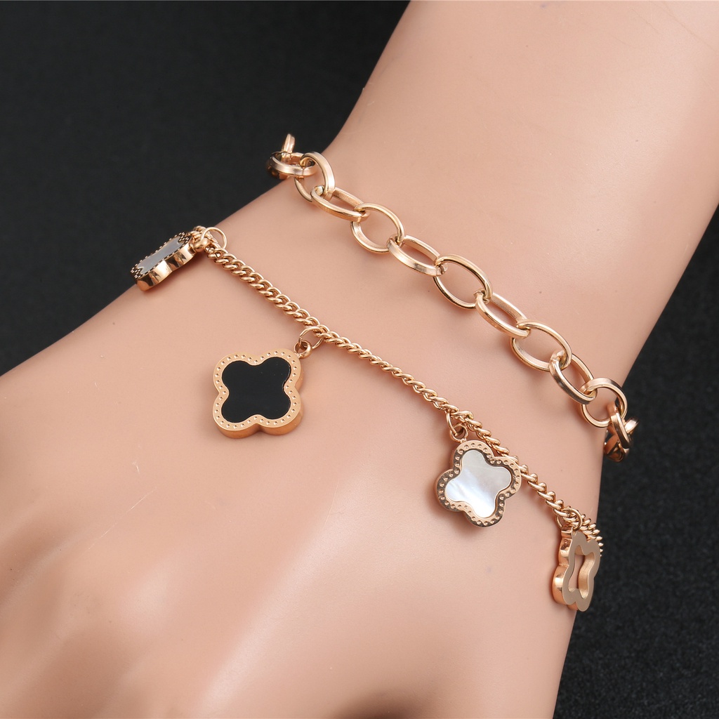 Vòng Tay Hai Lớp Bằng Thép Titan Mạ Vàng 18K Đính Đá Mã Não Trắng / Đen Sang Trọng