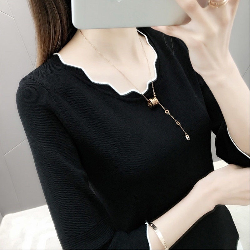 Áo Thun Nữ Tay Dài Viền Lượn Sóng Ống Tay Rộng
