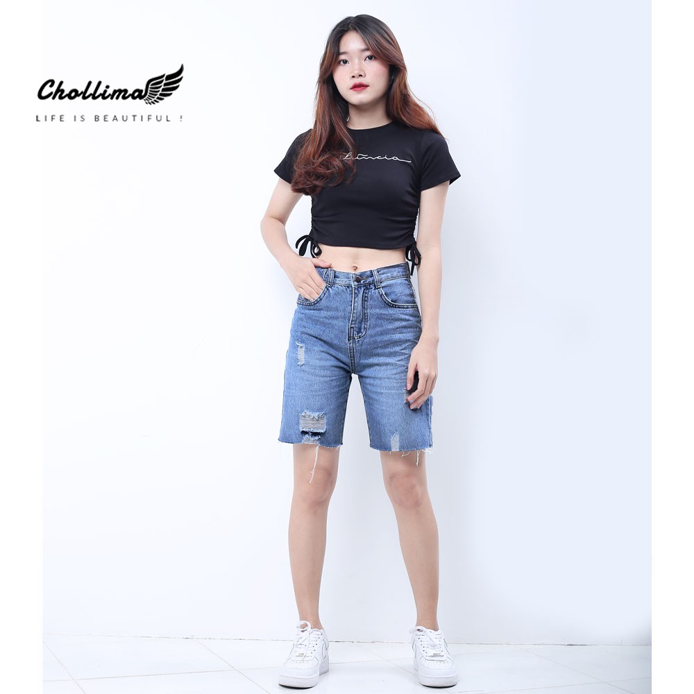 Quần shorts jean Chollima đắp túi nhỏ có nắp tua lai phong cách hàn quốc QS023