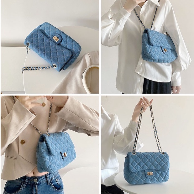 Túi Đeo Chéo Vải denim Họa Tiết Hình Thoi Phong Cách Cổ Điển Dành Cho Nữ
