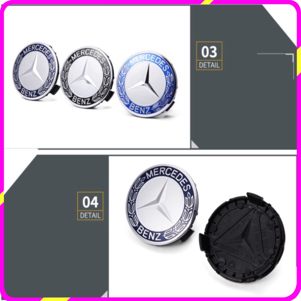 Logo chụp mâm, ốp vành la zăng bánh xe ô tô Mercedes, đường kính 75mm, chất liệu nhựa ABS ca
