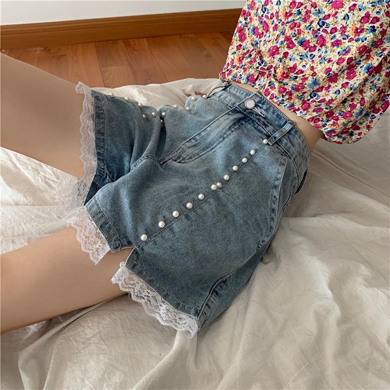 AMOI Quần Short Jeans Lưng Cao Ống Rộng Viền Ren Thời Trang Cho Nữ