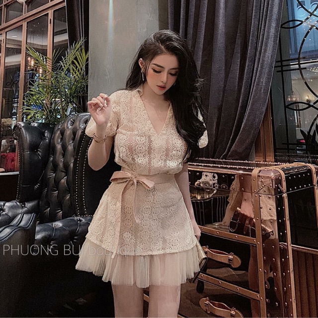 Váy ren cổ V kèm đai nơ (2 màu ảnh thật)