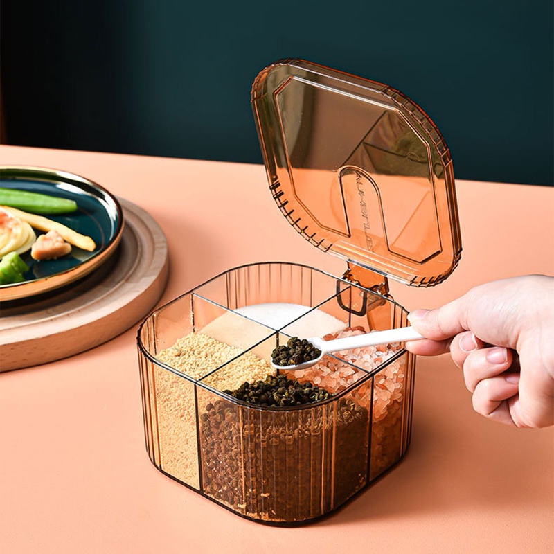 Hộp Đựng Gia Vị 4 Ngăn Bằng Nhựa Trong Suốt Có Nắp Và Muỗng Cho Nhà Bếp
