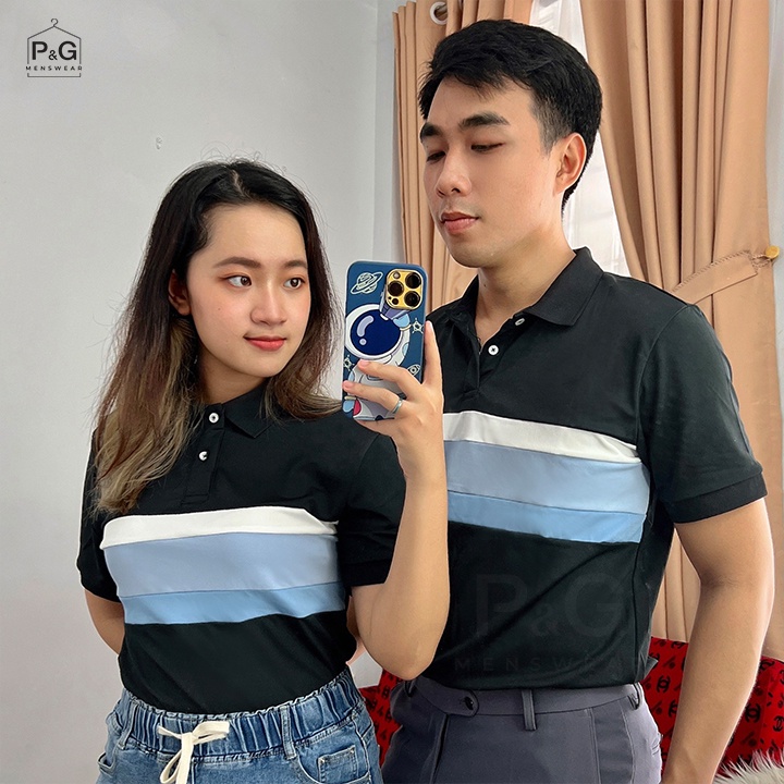 Áo Thun Polo nam nữ cặp đôi Premium, tay ngắn, cổ trụ - màu đen ráp phối thang