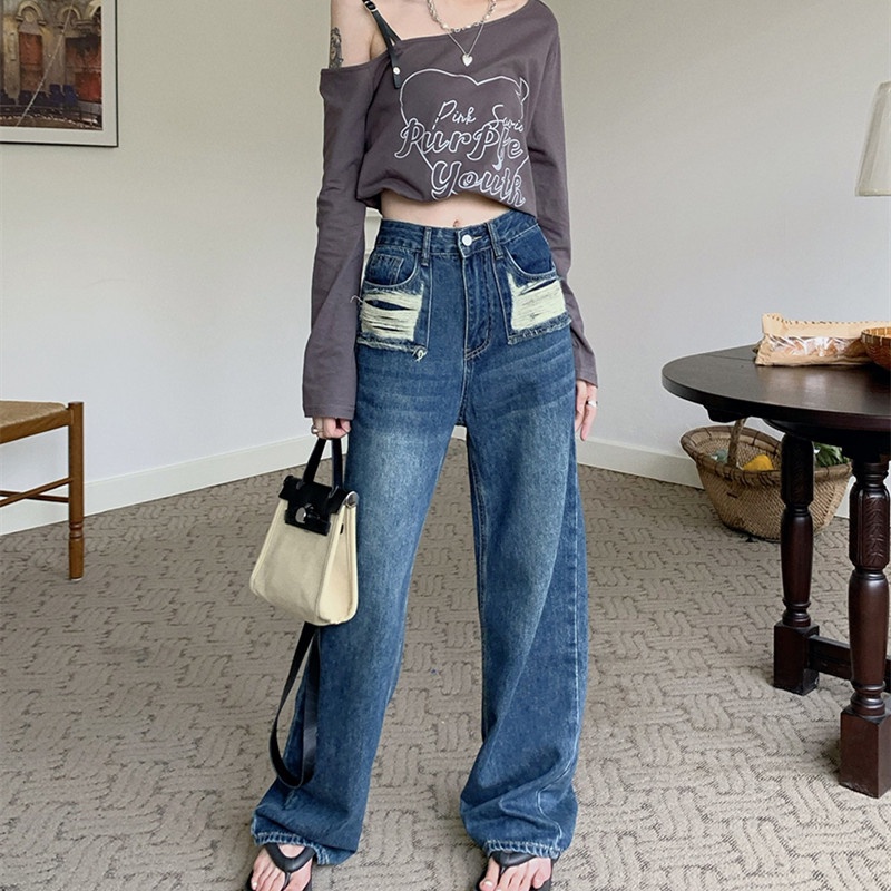 Quần Jean Dài Dáng Rộng Ống Suông Phối Vải Rách Thời Trang Mùa Thu