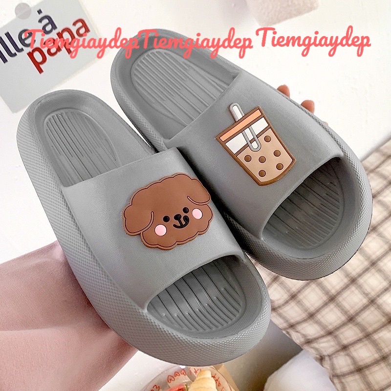 Dép bánh mì,dép quai ngang nam nữ hình hoạt hình gấu và trà sữa dễ thương cao 3cm