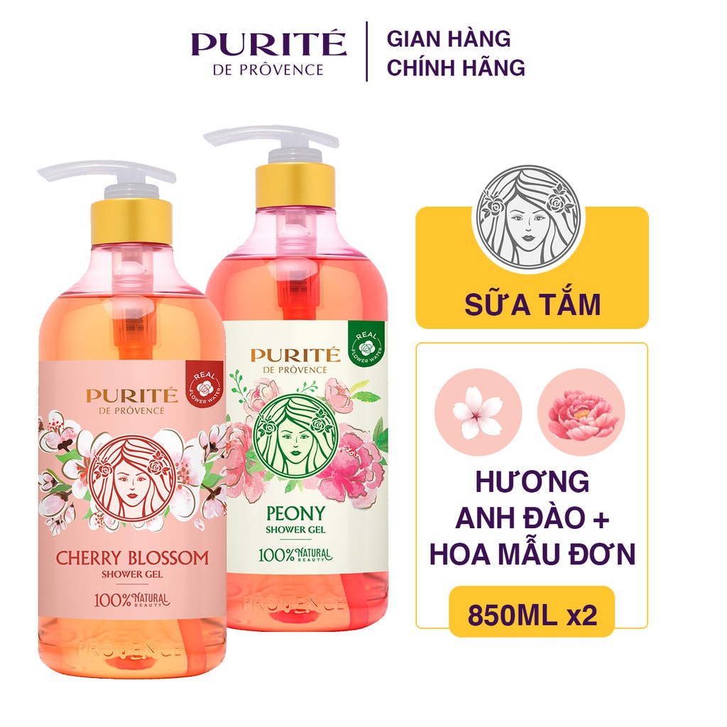 Combo 2 Sữa tắm Purité sáng mịn hoa anh đào 850ml + sữa tắm thư giãn hoa mẫu đơn 850ml | BigBuy360 - bigbuy360.vn